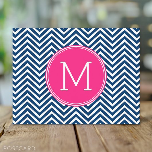 Zickzack Muster mit Monogram - Navy Magenta Postkarte