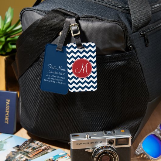 Zickzack Muster mit Monogram - Navy Red Gepäckanhänger (Vorderseite & Rückseite)