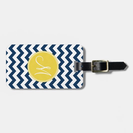 Zickzack Muster mit Monogram - Navy Yellow Gepäckanhänger (Vorderseite horizontal)