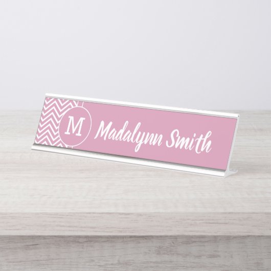 Zickzack Muster mit Monogramm - Rose Rosa Schreibtischnamensplakette (Vorderseite )