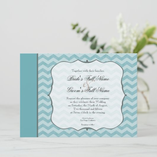 Zickzack Muster Rahmen Aquamarin blaue Hochzeit Einladung (Stehend Vorderseite)