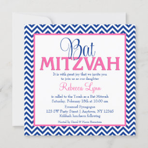 Zickzack Navy Blue Pink Bat Mitzvah Einladung