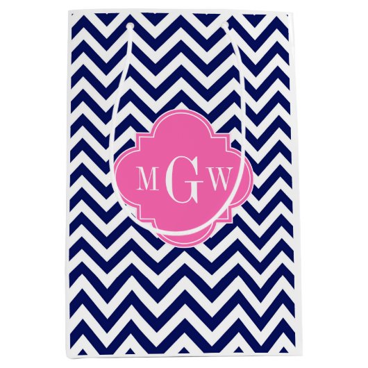 Zickzack Navy LG Hot Pink #2 Quatrefolie 3 Monogra Mittlere Geschenktüte (Vorderseite)