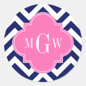 Zickzack Navy LG Hot Pink #2 Quatrefolie 3 Monogra Runder Aufkleber (Vorderseite)