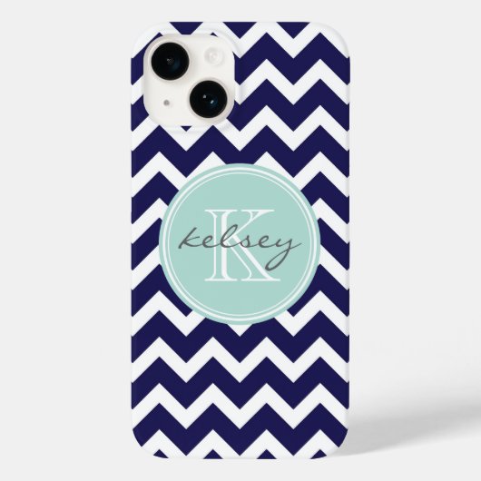 Zickzack Navy und Minze Monogram Case-Mate iPhone Hülle (Rückseite)