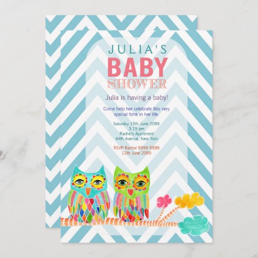 Zickzack Regenbogen-Eulen in der Baum-Baby-Dusche Einladung (Vorne/Hinten)