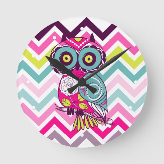 Zickzack Retro Groovy Owl Runde Wanduhr (Vorderseite)