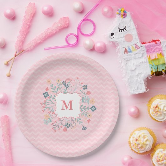Zickzack rosa Monogramm-Teller für benutzerdefinie Pappteller (Party)