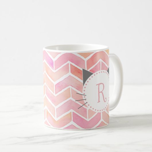 Zickzack rosa Muster | Niedliches Katzenmonogramm Kaffeetasse (VorderseiteRechts)