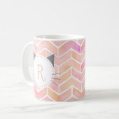 Zickzack rosa Muster | Niedliches Katzenmonogramm Kaffeetasse (Vorderseite Links)