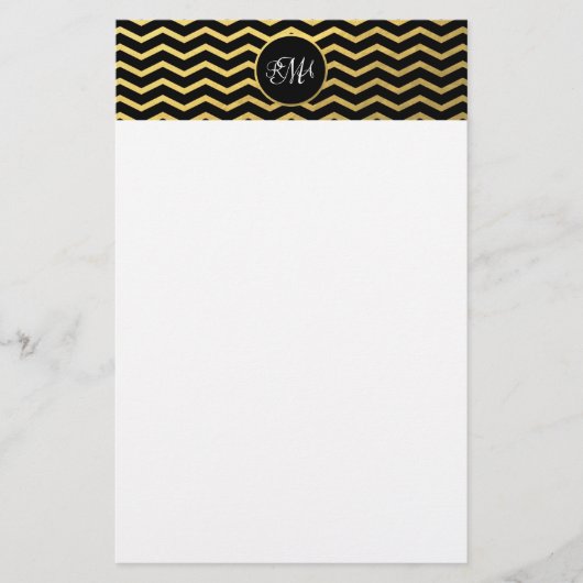 Zickzack Schwarz-Gold-Muster Triple Mit Monogramm Briefpapier (Vorderseite)