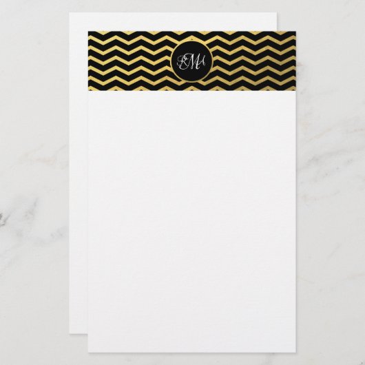 Zickzack Schwarz-Gold-Muster Triple Mit Monogramm Briefpapier (Vorne/Hinten)