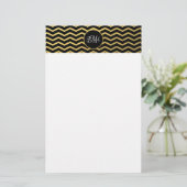 Zickzack Schwarz-Gold-Muster Triple Mit Monogramm Briefpapier (Stehend Vorderseite)