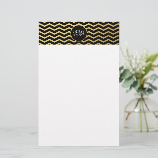 Zickzack Schwarz-Gold-Muster Triple Mit Monogramm Briefpapier (Stehend Vorderseite)