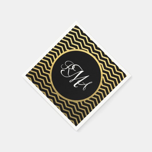 Zickzack Schwarz-Gold-Muster Triple Mit Monogramm Serviette (Ecke)