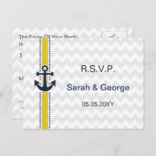 Zickzack Streifen, Anker, nautische Hochzeit rsvp Einladungspostkarte (Vorne/Hinten)