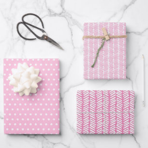 Zickzack Streifen weiße Punkte Baby Pink Geschenkpapier Set