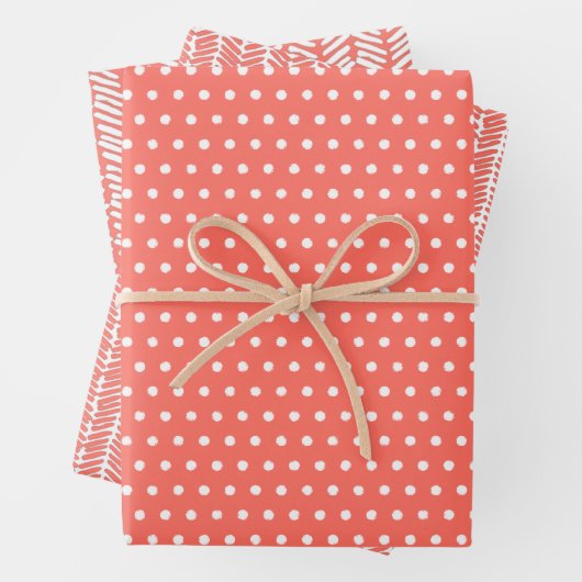 Zickzack Streifen  weiße Punkte Sommerkorallenrot Geschenkpapier Set (Beispiel)