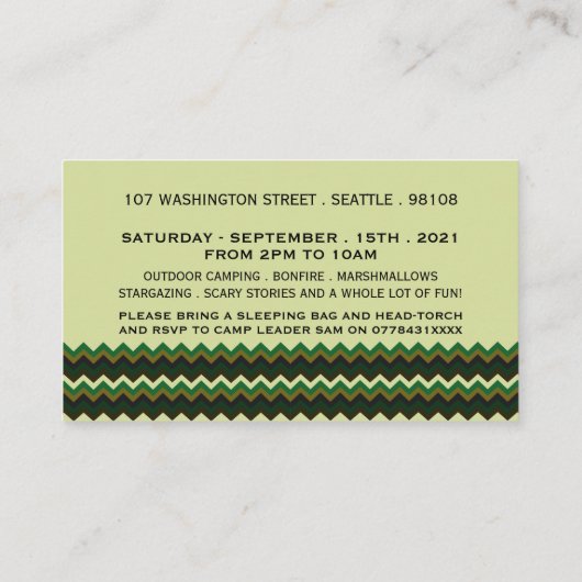 Zickzack Tipi, Kinderparty-Ticket Camping Begleitkarte (Rückseite)