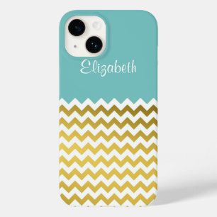 Zickzack türkisfarbene, weiße und goldene Dekorati Case-Mate iPhone 14 Hülle
