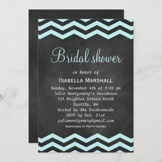 Zickzack türkisfarbenes Chalkboard Brautparty lade Einladung (Vorne/Hinten)
