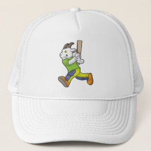 Ziege als Batsman mit Cricket Fledermaus Truckerkappe