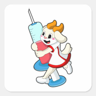 Ziege als Krankenschwester bei Impfung mit Spritze Quadratischer Aufkleber