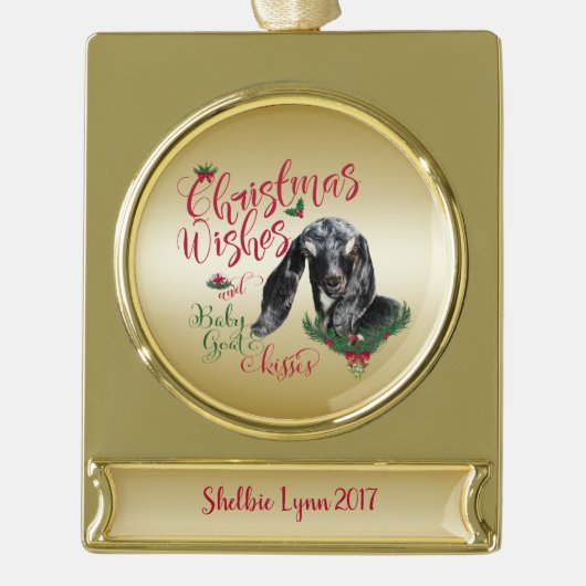 ZIEGE | Christmas wünscht Baby Goat Kisses Nubian Banner-Ornament Gold (Vorderseite)