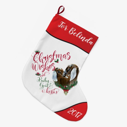 ZIEGE | Christmas wünscht Baby Goat Kisses Nubian Großer Weihnachtsstrumpf (Vorderansicht (hängend))