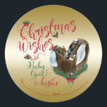 ZIEGE | Christmas wünscht Baby Goat Kisses Nubian  Runder Aufkleber<br><div class="desc">CUSTOMIZE Dieses Weihnachtsgeschenk Tag Sticker- Adorable Porträtmalerei von nubischen Zwillingen mit Weihnachtsgrün, Heiligen und Beeren, einem roten Bogen und Misteloe - mit verziertem Kalligrafiettext, der lautet: Weihnachten wünscht und Kinderziege auf einem herausnehmbaren goldenen Hintergrund - entfernen Sie Hintergrund, um Weiß zu zeigen oder einen beliebigen Farbhintergrund aus der angepassten Farbauswahl...</div>