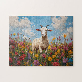 Ziege in Wildblume Feldmalerei Puzzle
