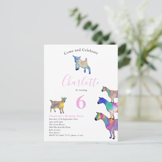 Ziege Kindergeburtstag Party Rosa Einladungspostkarte (Stehend Vorderseite)