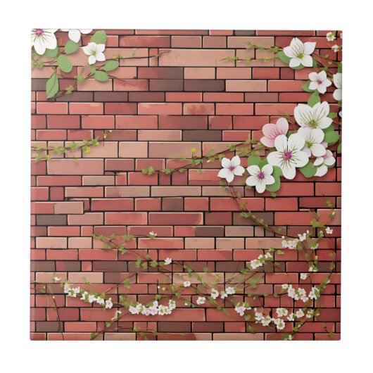 Ziegel mit zarten Frühlingsblumen Fliese (Vorderseite)