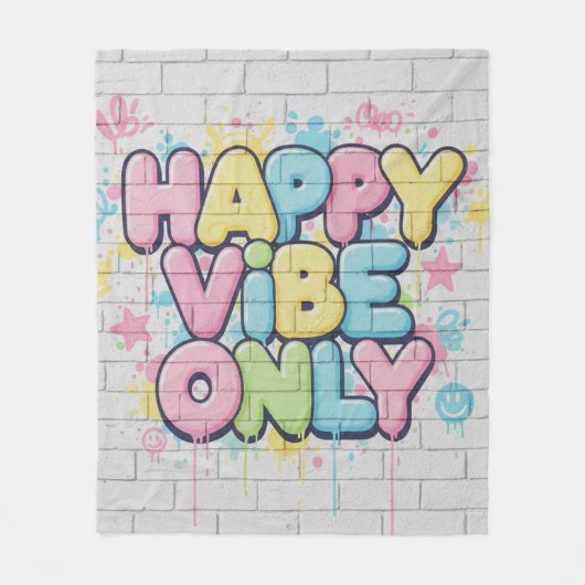 Ziegelstein mit farbenfrohem Text, der „Happy Vibe Fleecedecke (Vorderseite)