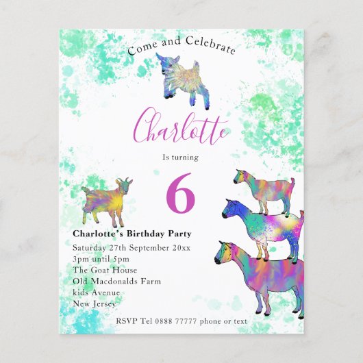 Ziegen 6. Geburtstagsparty Budget Flyer (Vorne)