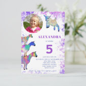 Ziegen bunt 5. Geburtstag Foto Lila Einladung (Stehend Vorderseite)