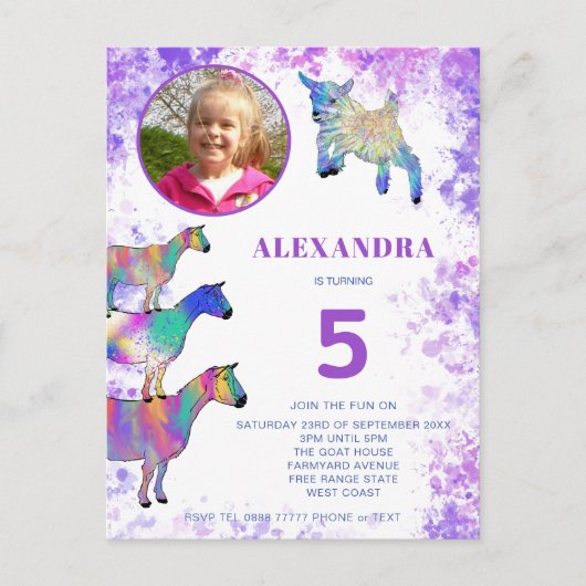 Ziegen Kinder 5th Birthday Foto Lila Einladungspostkarte (Vorderseite)