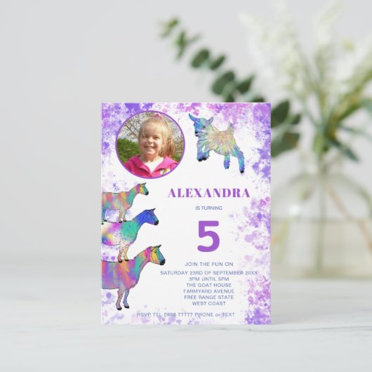 Ziegen Kinder 5th Birthday Foto Lila Einladungspostkarte (Stehend Vorderseite)
