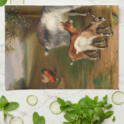 Ziegen und Hühner im Betrieb Geschirrtuch (Gefaltet)