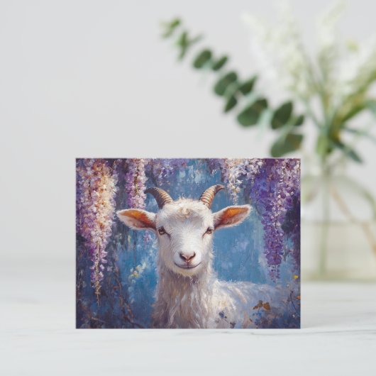 Ziegen und Lila Wisteria Blume Postkarte (Stehend Vorderseite)