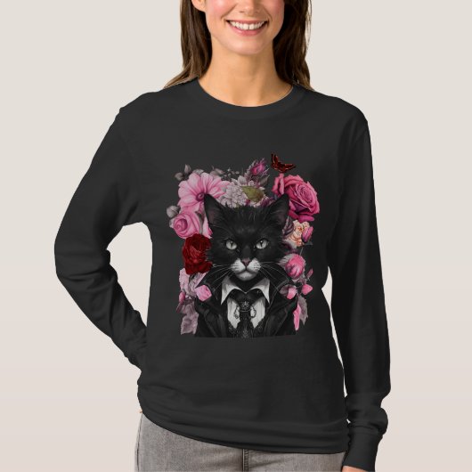 Ziegenkatze und Rose Gothic Black and White Katzen T-Shirt (Vorderseite)