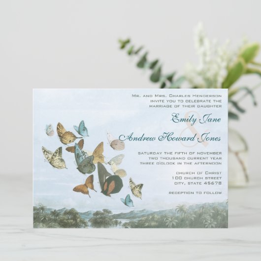 Ziel Butterfly und Palm Tree Wedding Einladung (Stehend Vorderseite)