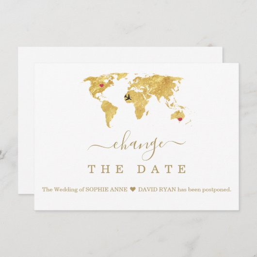 Ziel Gold Weltkarte Hochzeit ändern Datum Save The Date (Vorne/Hinten)
