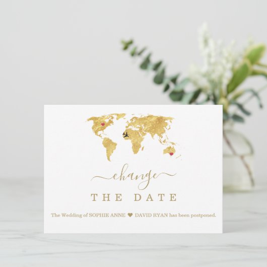 Ziel Gold Weltkarte Hochzeit ändern Datum Save The Date (Stehend Vorderseite)