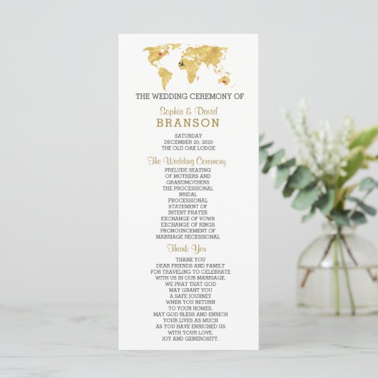 Ziel Gold World Map Wedding Program Programm (Stehend Vorderseite)