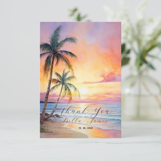 Ziel Sonnenuntergang Hochzeit Dankeskarte (Stehend Vorderseite)