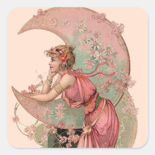 ZIELE/LADY DES MONDES MIT BLUME IN PINK QUADRATISCHER AUFKLEBER