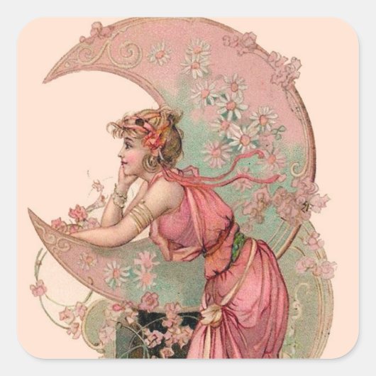 ZIELE/LADY DES MONDES MIT BLUME IN PINK QUADRATISCHER AUFKLEBER (Vorderseite)