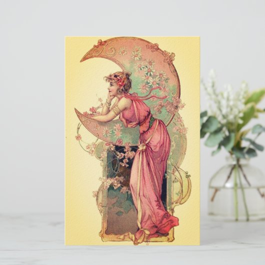 ZIELE/LADY DES MONDES MIT BLUME rosa Gelb Briefpapier (Stehend Vorderseite)