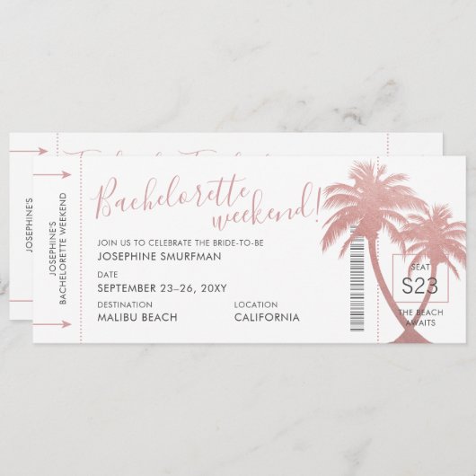 Zielort Junggeselinnen-Abschied Palm Boarding Pass Einladung (Vorne/Hinten)